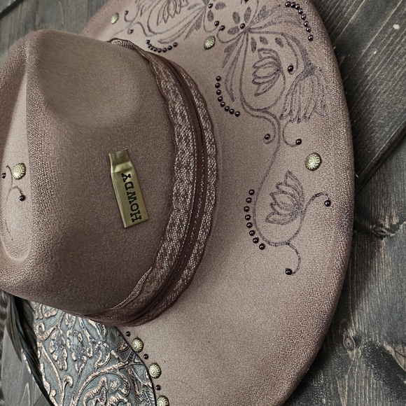 NWT Taupe Hand Burned Dark Fedora Cowboy Hat With Genuine Leather main image 10